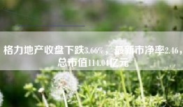 格力地产收盘下跌3.66%，最新市净率2.46，总市值114.04亿元